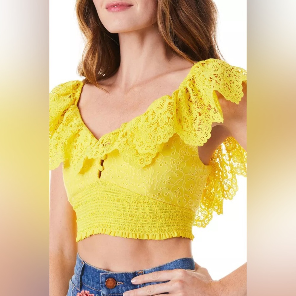 alice + olivia yellow Eyelet Smocked Crop Top